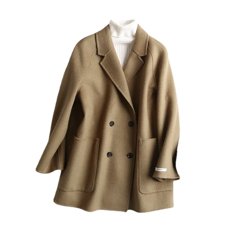 Женское двустороннее кашемировое пальто шерстяное двубортное с длинным рукавом