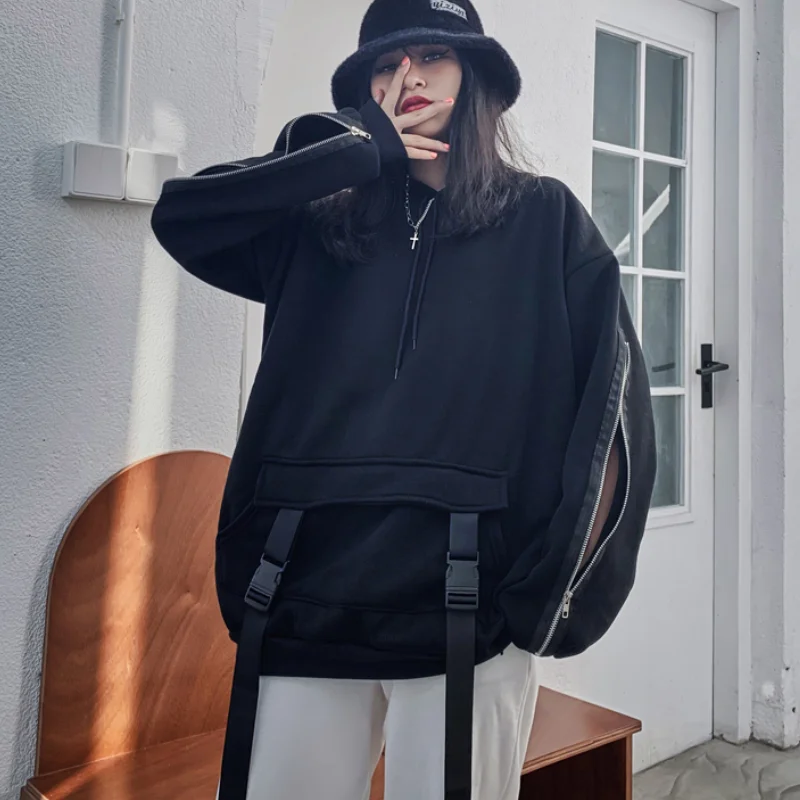 

QWEEK Gothic Zip Up Hoodie Women Black Harajuku Patchwork Sweatshirt Korean Style Zipper Solid Long Sleeve Tracksuit Streetwear