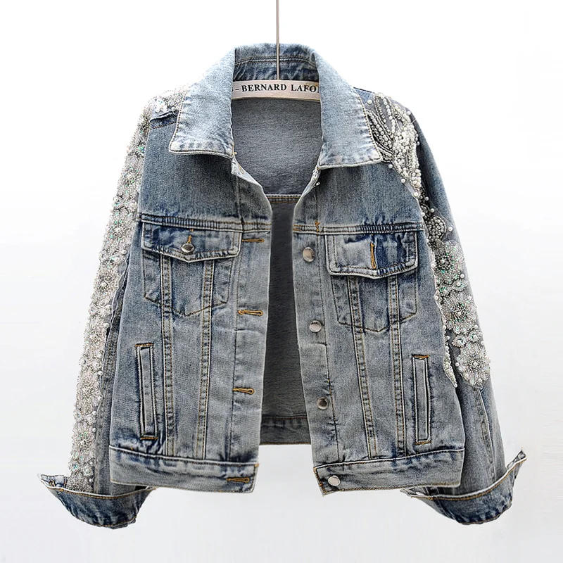 

Autumn Fashion Beading Diamonds Flowers Denim Jacket Women Long sleeve Loose Jeans Jacket Coat Female Outerwear Chaqueta Mujer