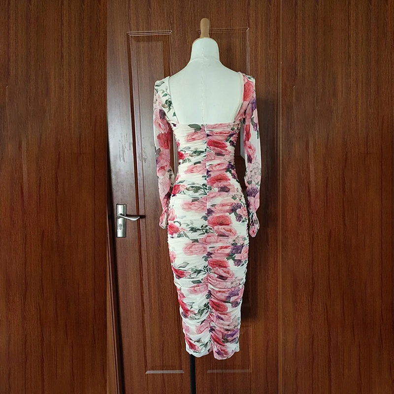 

VGH Sexy Print Dress For Women Square Collar Long Sleeve High Waist Ruched Slim Bodycon Midi Dresses Female 2021 Spring Clothing