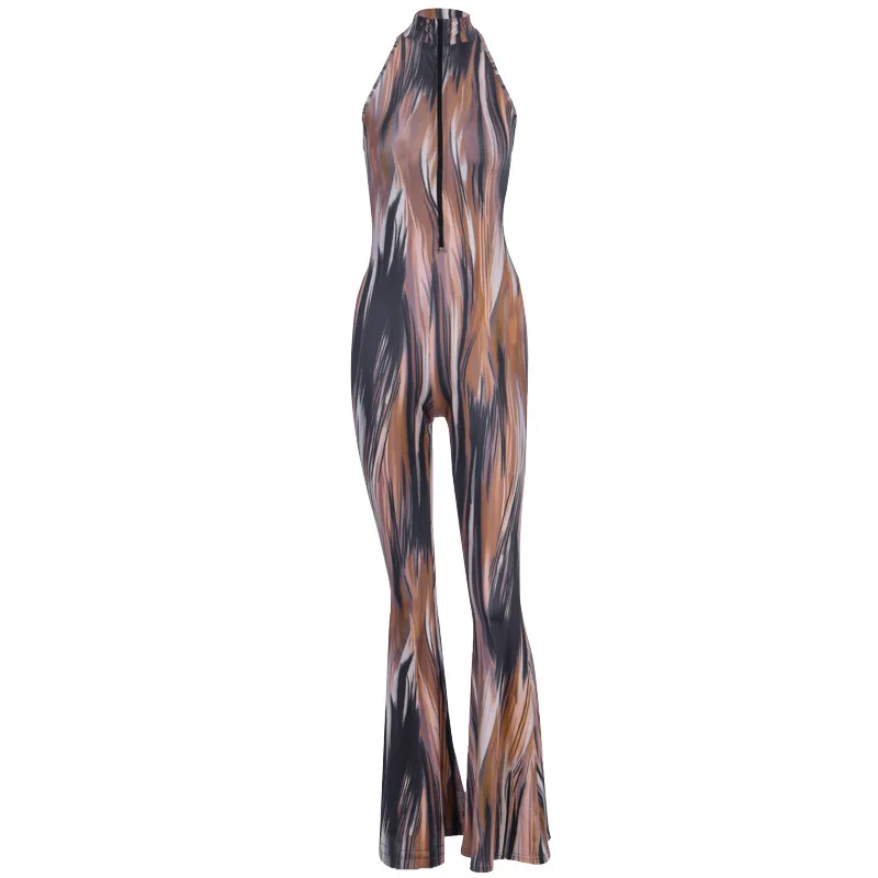 

Sexy Jumpsuits Women Sleeveless Print Bodycon Flare Long Rompers Fashion Halter Stretchy Slim Club Party Jumpsuits Ladies Summer