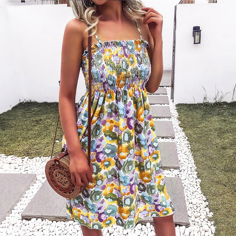 

New pleated waist slimming halter dress with Curl mini A-Line beach dress female summer print mid-length suspender dress