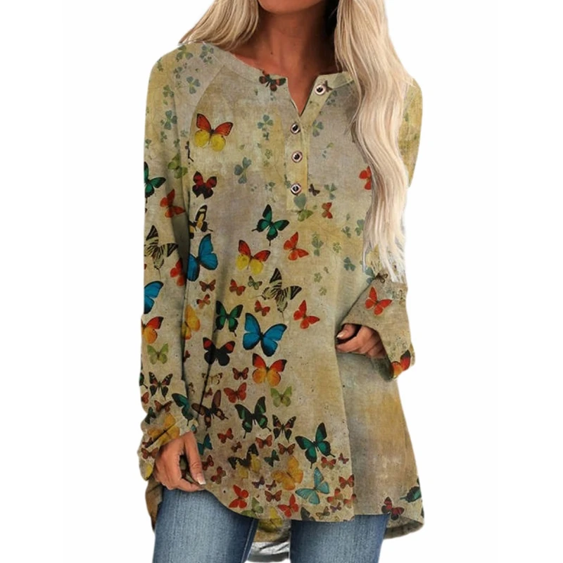 

Autumn Women Shirt Casual Tops Hand Painting T Shirt V Neck Long Sleeve Loose Long T-shirt Elegant Shirt Women Plus Size