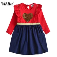 vikita children girls dresses heart applique kids dress long sleeve red dress christmas dress girl autumn winter sequins dresses
