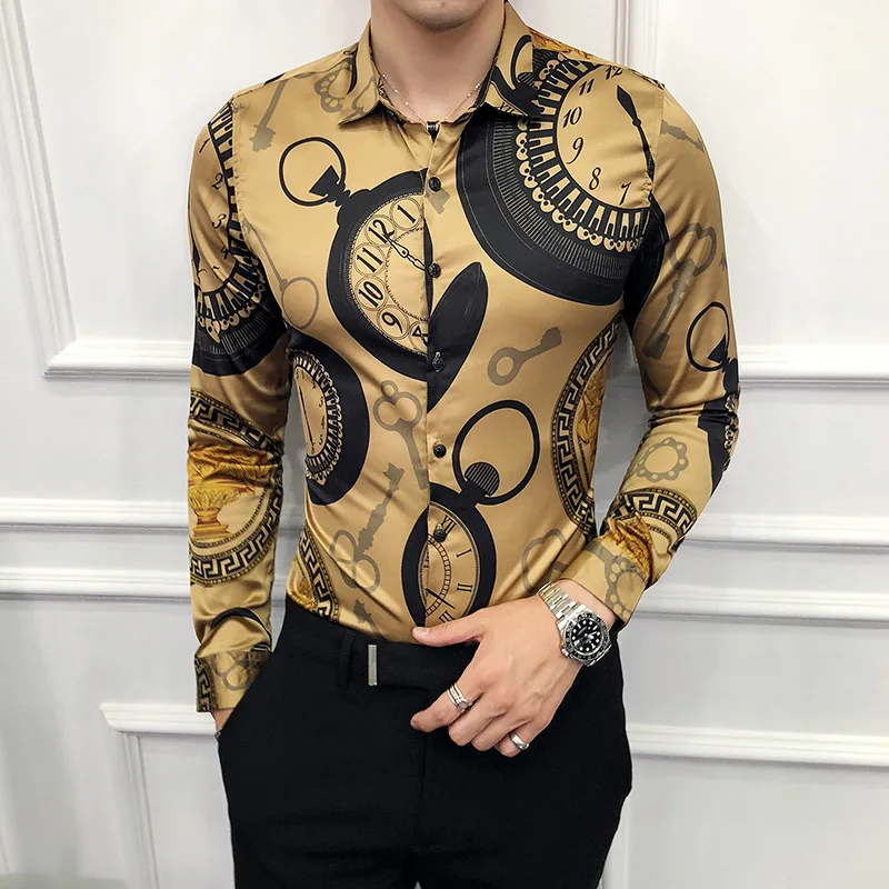 

High Quality Men Black Casual Shirt Long Sleeve Gold Dress Shirts Male Slim Fit Print Social 2020 Spring Luxury Fashions 6xl
