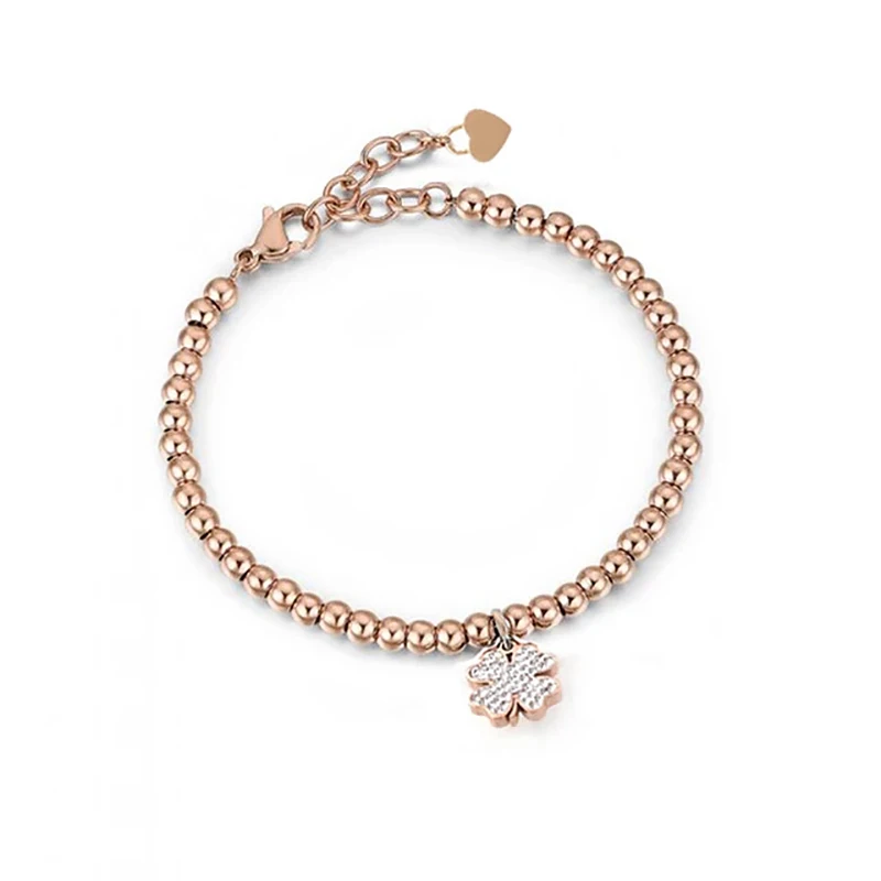 

Runda Fashion Ladies Beaded Bracelet Rose Gold Beads With 4-Leaf Clover Stainless Steel Bracelet Ladies Holiday Gift