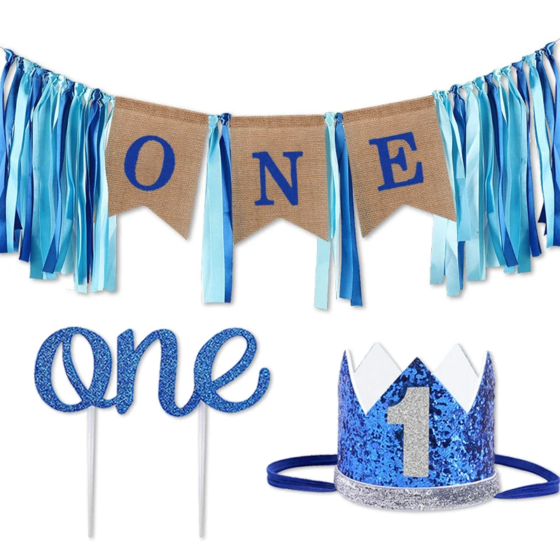 

1st Birthday Banner Crown Set Blue Pink Boy Girl Birthday Party Decor Kids 1 ONE Year First Birthday Boy Baby Shower Supplies