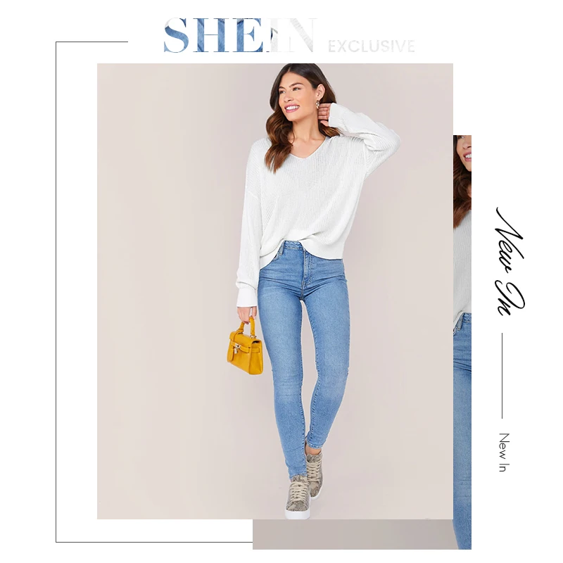 SHEIN белый Однотонный свитер с v-образным вырезом и открытыми плечами женские топы осенние Повседневные базовые офисные женксие кофты с длинными рукавами