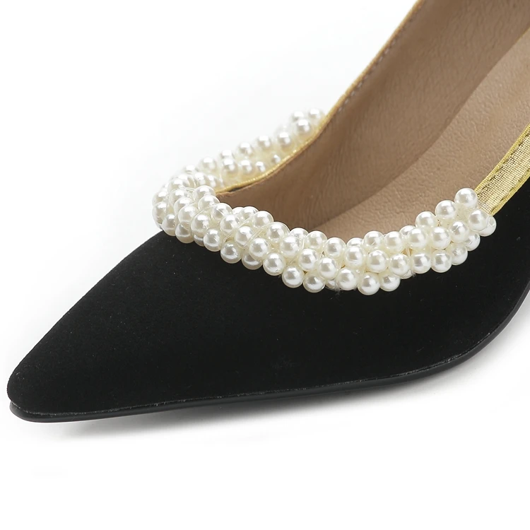 

Elegant Pearls Shoes Women Thin High Heels Pointy Toe Sexy Pumps Woman Large Size 48 Gold Party Bride Shoes Brand Designer Lady