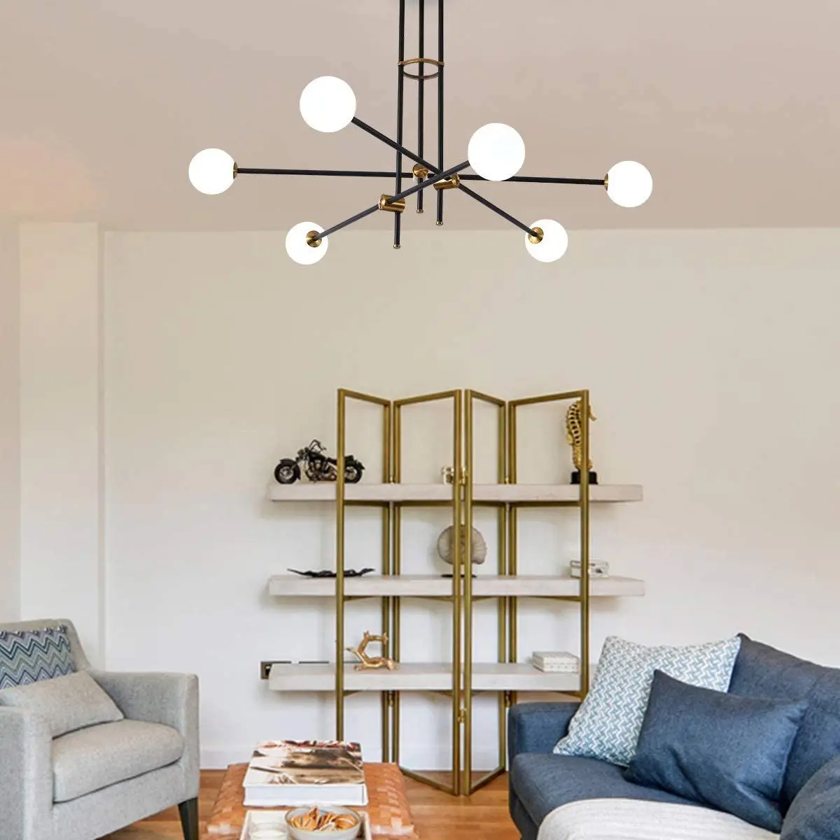 

Sputnik Chandelier Geometric Line Adjustable Shape 6-Lights Modern Black Pendant Light for Bedroom Living