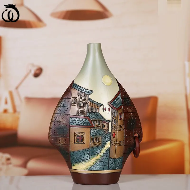 

WU CHEN LONG Ethnic Style Yunnan Facebook Art Sculpture Dried Flower Vase Figurines Ceramic Craft Feature Home Decoration R6249