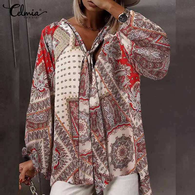 

Celmia 2021 Autumn Women Blouse Fashion Long Lantern Sleeve Elegant Floral Print Bowknot Tops Casual V Neck Sexy Vintage Shirt