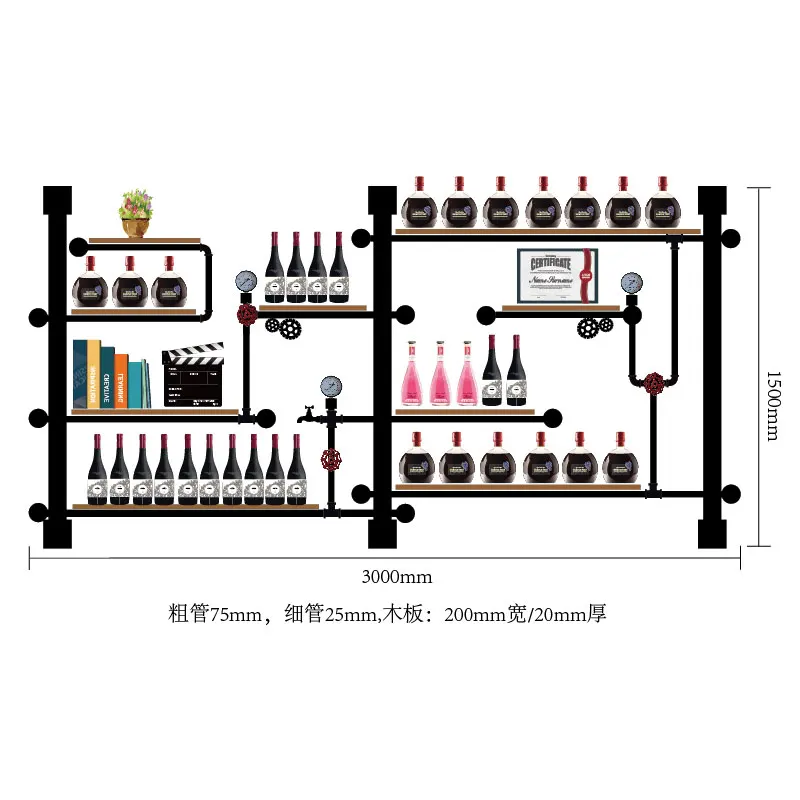 

Retro Design Artistic Wine Rack Set Display Rack Wall Mounted Shelves For Glassware Bookshelf Iron Pipe And Wood Board Assembly