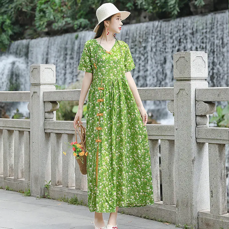 

Литературное ретро платье из хлопка и льна с цветочным принтом, Новинка лета 2021, свободное платье большого размера в этническом стиле, повсе...