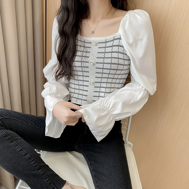 

Real Shot Early Autumn Temperament Square Neck Puff Sleeve Chiffon Top to Wear a Bottoming Shirt Women Short Long Sleeve Women