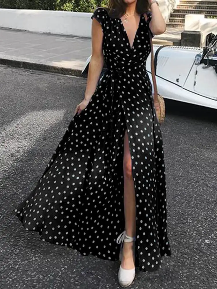 

Celmia Bohemian Women Polka Dot Long Dress Sexy V Neck Slit Hem Vestidos 2022 Summer Casual Short Sleeve Belted Maxi Sundress