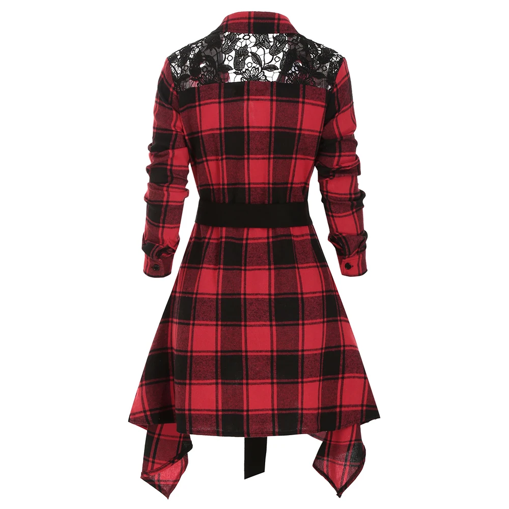 ROSEGAL женское платье с отворотом рукавом в клетку поясом кружевной панелью