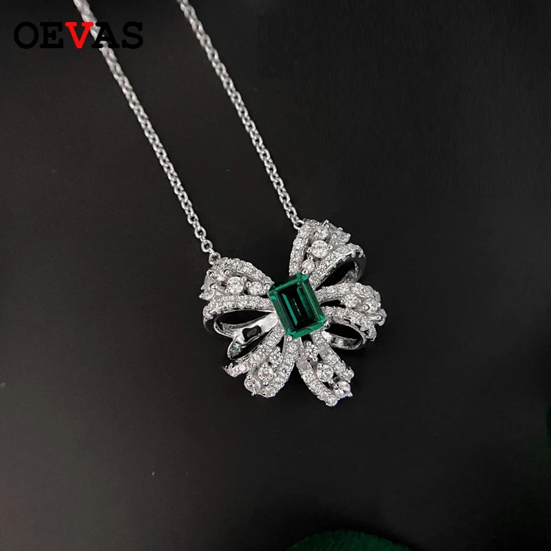 

OEVAS Luxury Emerald Necklace for women 100% 925 Sterling Silver Sparking Full Zircon Bow-knot Pendant necklace jewelry Gifts