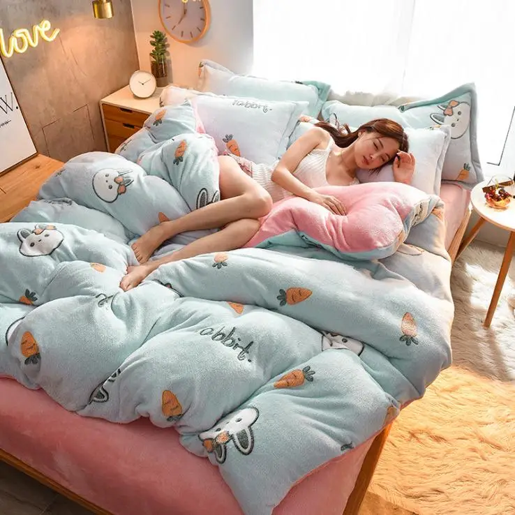 F Winter Flannel Fleece duvet cover single Comforter cover Home textile 1pc cartoon Solid warm quilt cover Velvet bedcover - Цвет: F