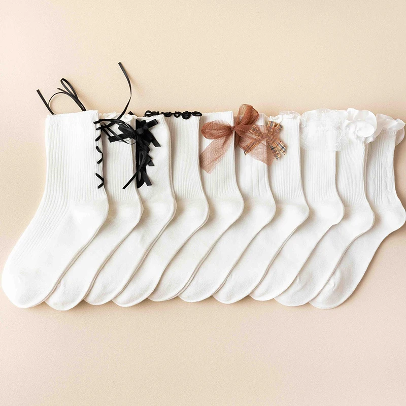 

Lolita Socks White Crew Socks Middle Tube Socks Loose Socks Kawaii Breathable Cotton Lace Soft Frilly Absorbs Japanese