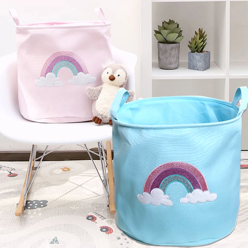 

Ins Rainbow Foldable Laundry Basket Large Round Canvas Storage Bucket Bag Dirty Clothe Organizer Childrens Toy Storage Baskets