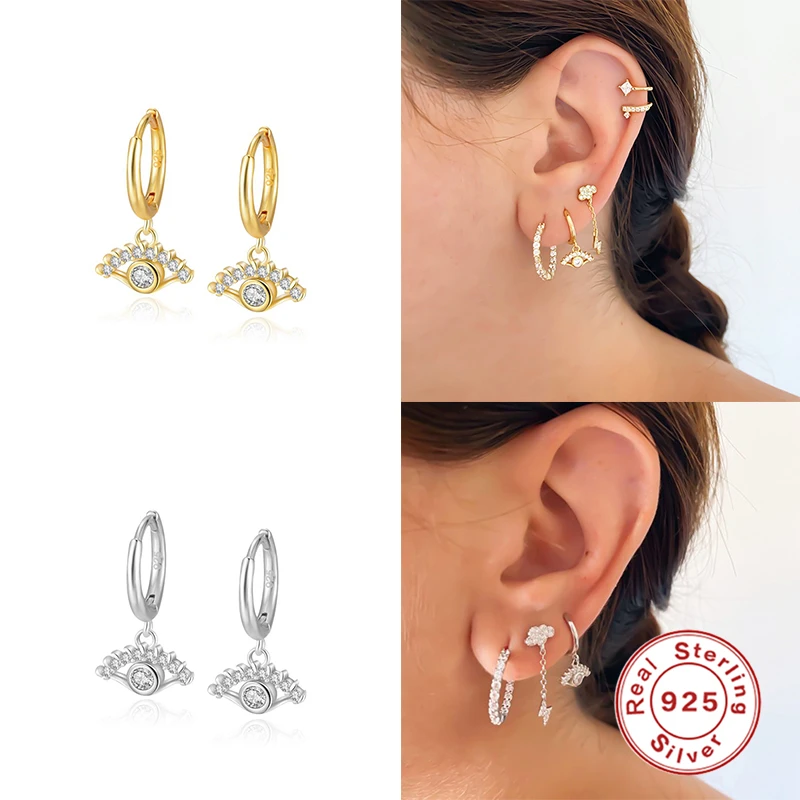 

GS 925 Sterling Silver Lucky Eye Huggies 9mm Hoops Earrings Women Luxury Zircon Clear Loop Circle Piercing Ohrringe Earring