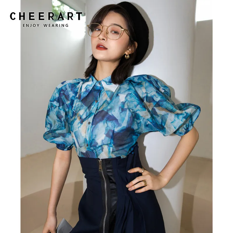 Дизайнерская блузка CHEERART с рукавами-фонариками женская летняя винтажная рубашка