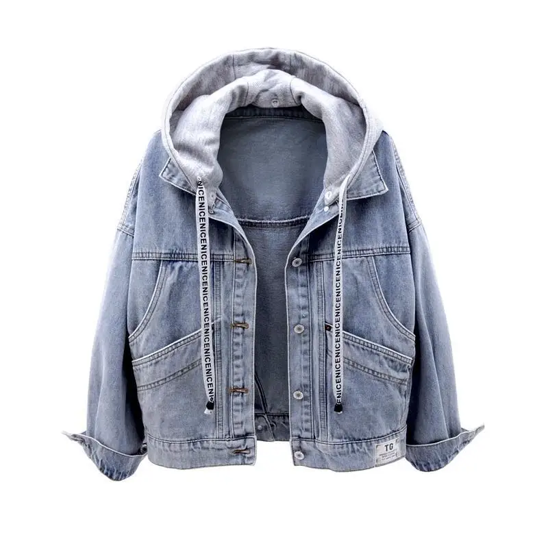 

Women Denim Short Jacket Women Oversize Outerwear Loose Short BF Long Sleeve Hooded Coat Big Pocket Tops 2021 Spring Autumn