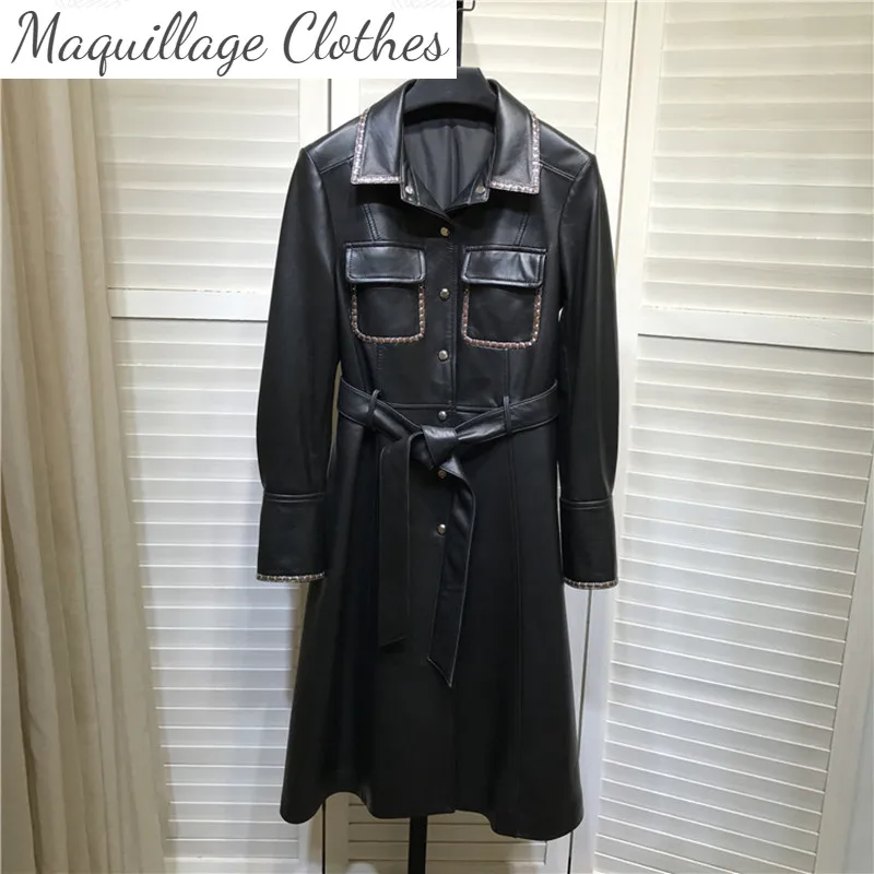 

Осень 2021, высококачественное Женское пальто из натуральной овечьей кожи, шикарное Женское пальто в Корейском стиле с поясом из натуральной ...