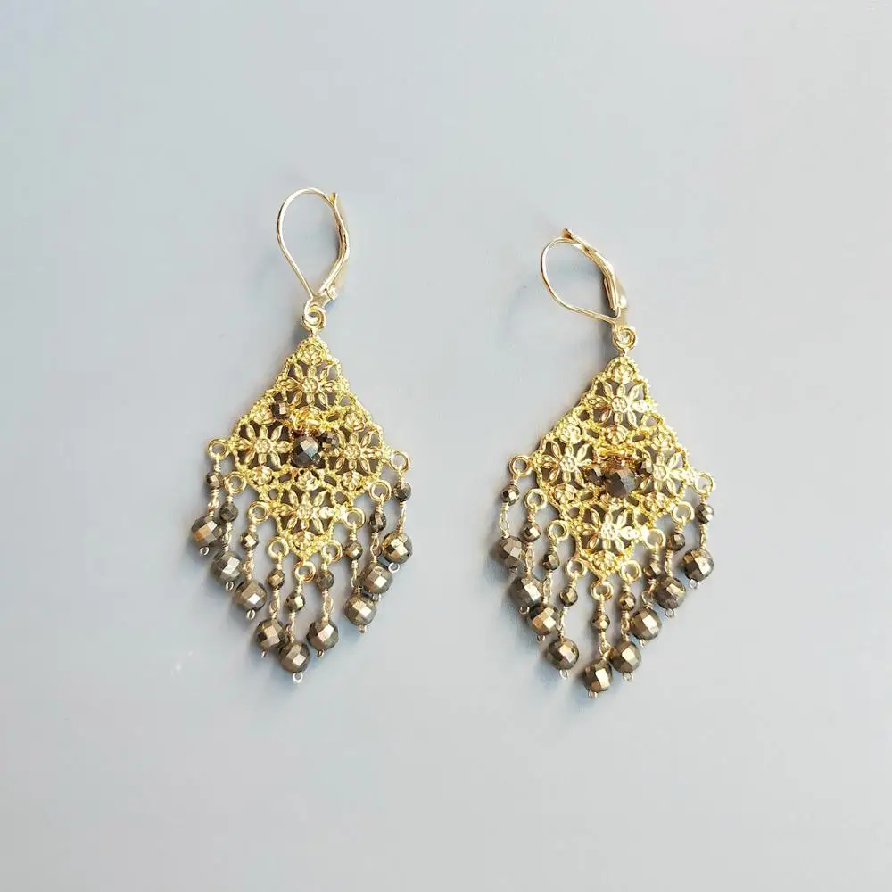 Lii Ji Natural Green Onyx Larimar Freshwater Pearl Labradorite Black Spinel Pyrite Peridot Shining Tassel Statement Earrings | Украшения и