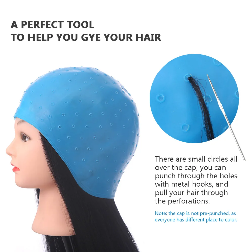 

Blue Silicone Hair Highlights Cap with Needle Hair Coloring Cap Hair Dyeing Tools for Barber Shop Salon