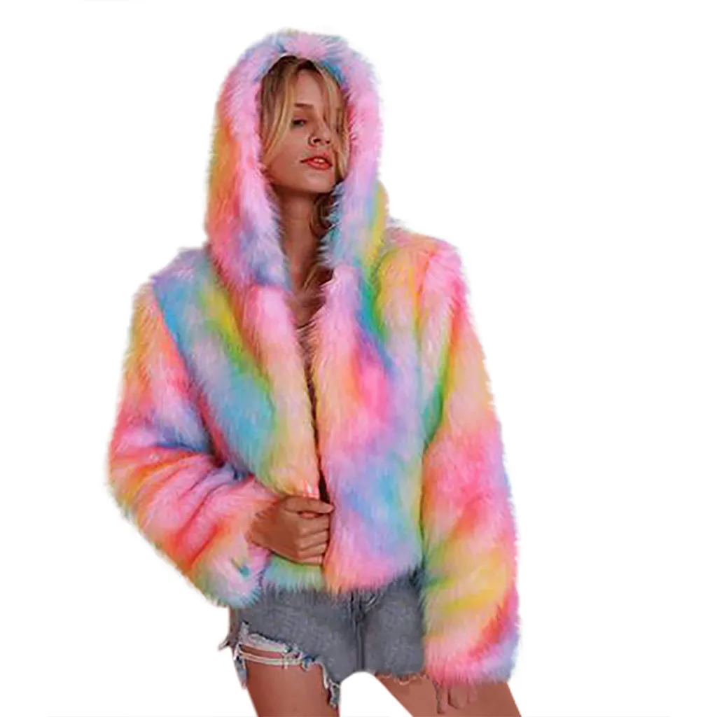 Женская неоновая куртка из искусственного меха на молнии с длинным рукавом и