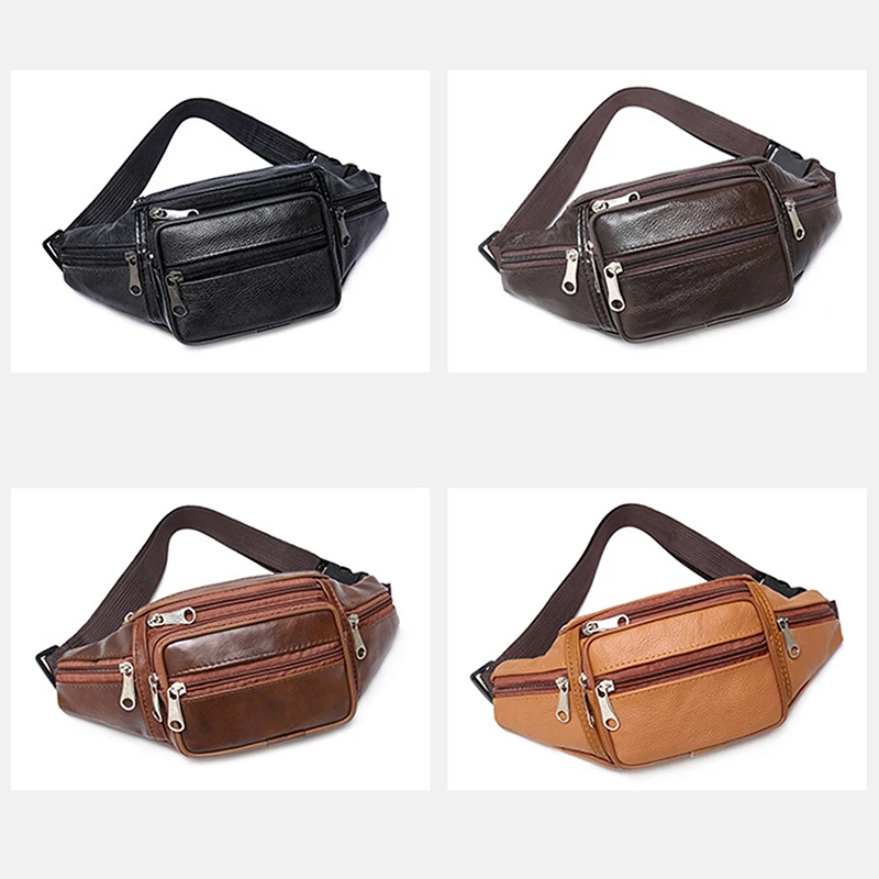 

Fashion Men Genuine Leather Waist Bag Multi-pocket and Multiple Zipper Belt Bag Adjustable Belt Fanny Pack Shopping Phone Bags