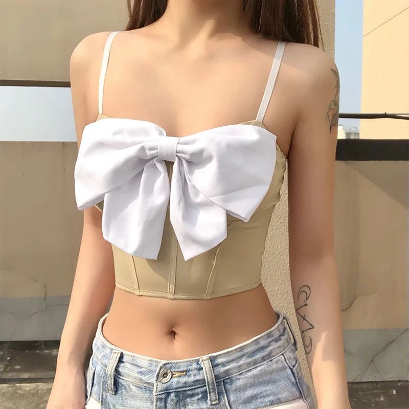 

Sexy Women Tank Tops Solid Color Slim Navel Bow-Knot Sleeveless Backless Sling Vest Commute Casual Summer Crop Top 2021 New