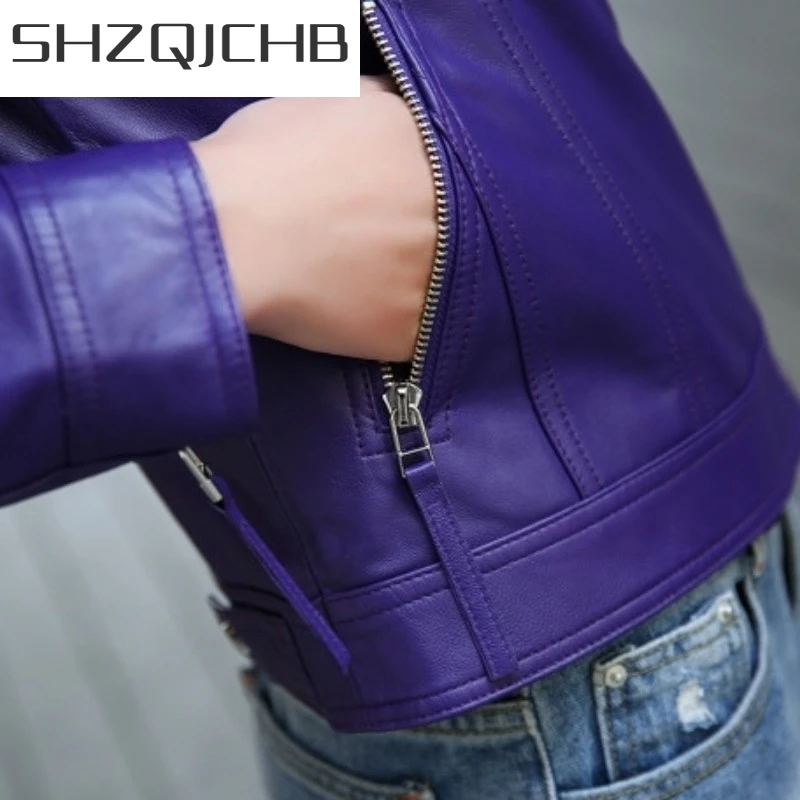 

JCHB 2021 New Purple Women Genuine Leather Motorcycle Jackets Fashion Zipper High Street Real Sheep Leather Jacket Coats Ladies