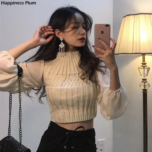 

Корейский шикарный свитер, пуловер в полоску с высоким воротником, Прошитый шифоновый топ с рукавами-фонариками и высокой талией, женский к...