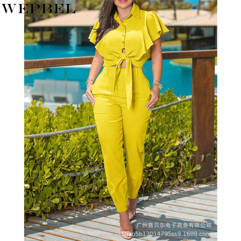 

Женский элегантный спортивный костюм Mandylandy, женская модная однобортная рубашка на шнуровке, короткий топ + брюки с высокой талией, комплект ...