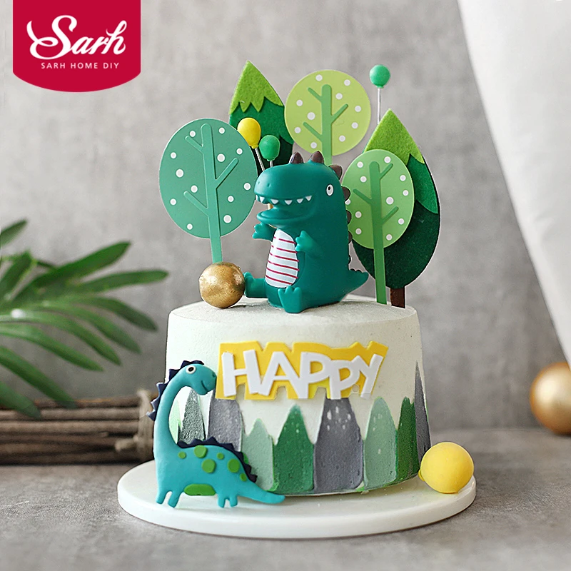 Торт Декор мультфильм зеленый желтый динозавр деревья торт на день рождения