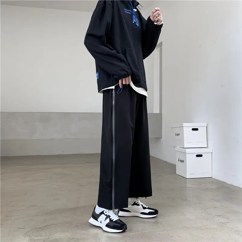 

2020 Men's Fashion Loose Straight Pants Zipper Decorate Casual Pants Cotton Elastic Waist Black Color Trousers Plus Size M-3xl