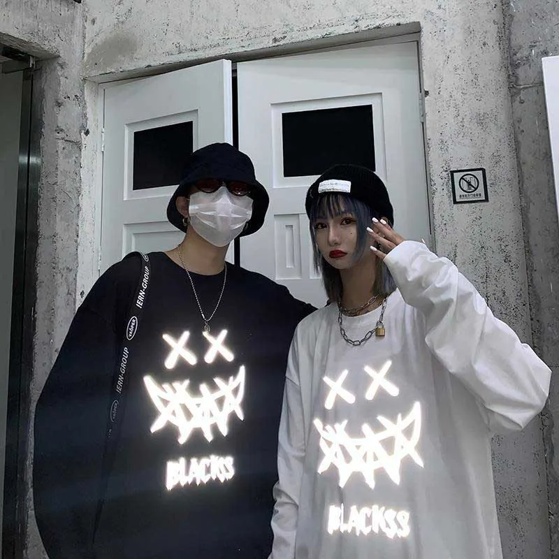 

YUNFAN Woman couple clothes Oversized round neck top sweatshirt Funny 3D reflective printing Long sleeve spring new casual T-s