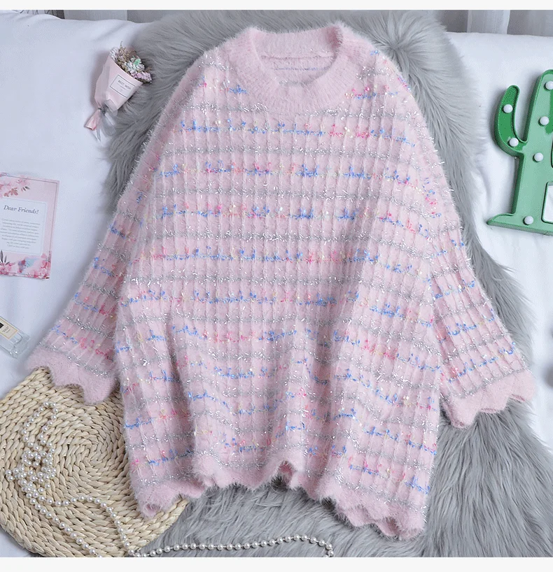 Женские свитера свободные повседневные новые Harajuku Kawaii свитера милые розовые милые полосатые оверсайз вязаный пуловер, Свитера CC396