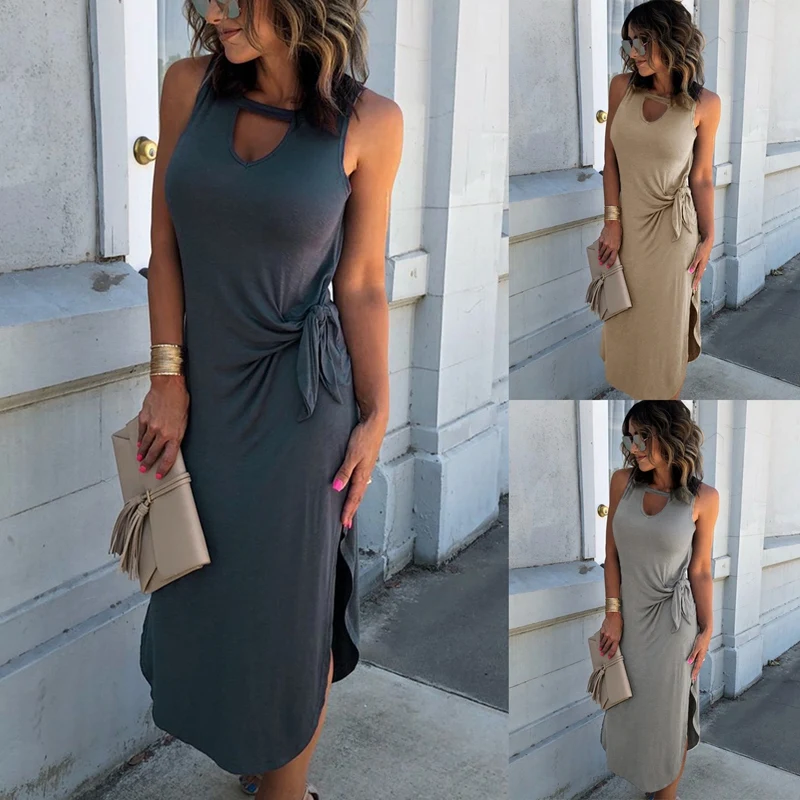 

Hot kf-Women's Casual Loose Long Dress Short Sleeve Split Long Skirt