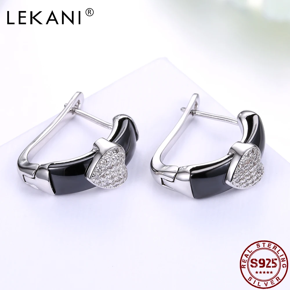 

LEKANI Genuine 925 Sterling Silver Heart Full Cubic Zirconia Earrings For Women Trendy Ceramics Stud Earring Fine Jewelry