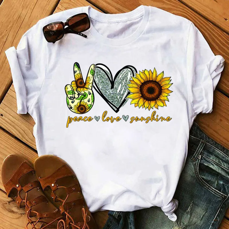 

Women Peace Love Sunshine Print Sunflower Tshirt Girl Harajuku Casual White Top T Shirt 2021Summer Female T-Shirt