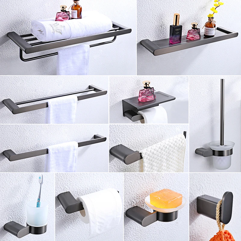 

Bathroom Accessories 304 Stainless Steel Towel Rack Bathroom Shelf Gray Color Toilet Paper Holder Robe Hooks Cloth Hanger