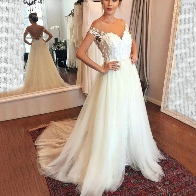 

Plus Size Sweet Tulle Wedding Dress Court Train See-Througth Boho Wedding Dresses 2020 Plus Size Bridal Gowns Custom Made