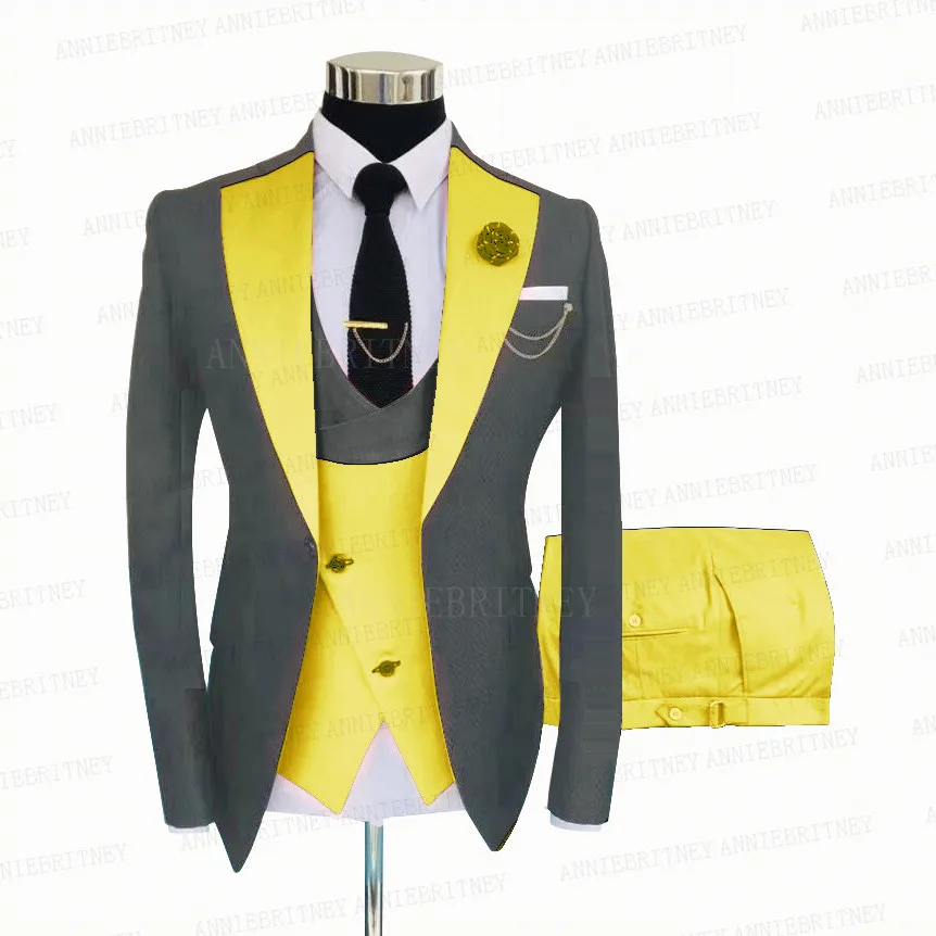 

2021 Grey Suit Men 3 Pieces Tailored Best Man Groom Wedding Tuxedo Slim Fit Dinner Prom Party Blazer Suit Jacket Vest Pants Set