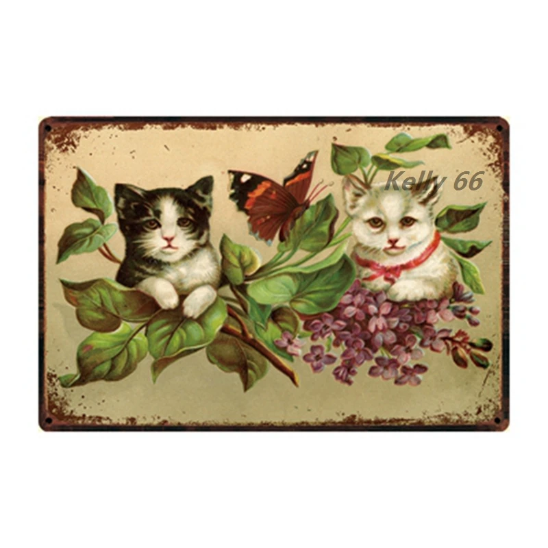 [Келли66] Остерегайтесь домашних животных: кот Табби, сиамский котенок. Металлический знак-плакат для декора дома и барной стены. Живопись размером 20*30 см. Модель DY95.