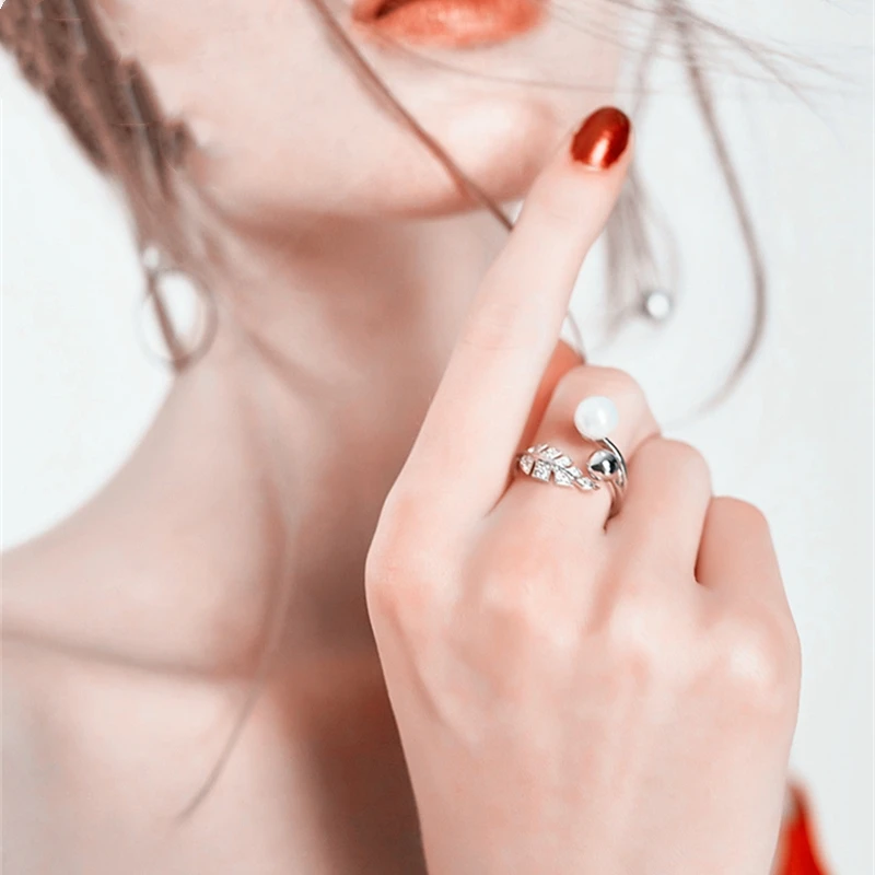 

Blcak Awn Silver 925 Ring Pearl Rings For Women Genuine 925 Sterling Silver Open Leaf Rings 925 Silver Ring