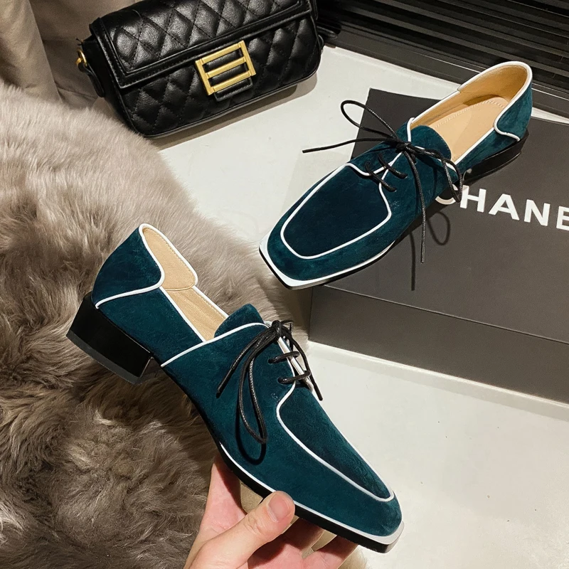 

Womens Suede Leather Match Colors Dress Wingtip Brogue Retro Shoes Block Low Heel Spring Style Vintage Casual New 2021